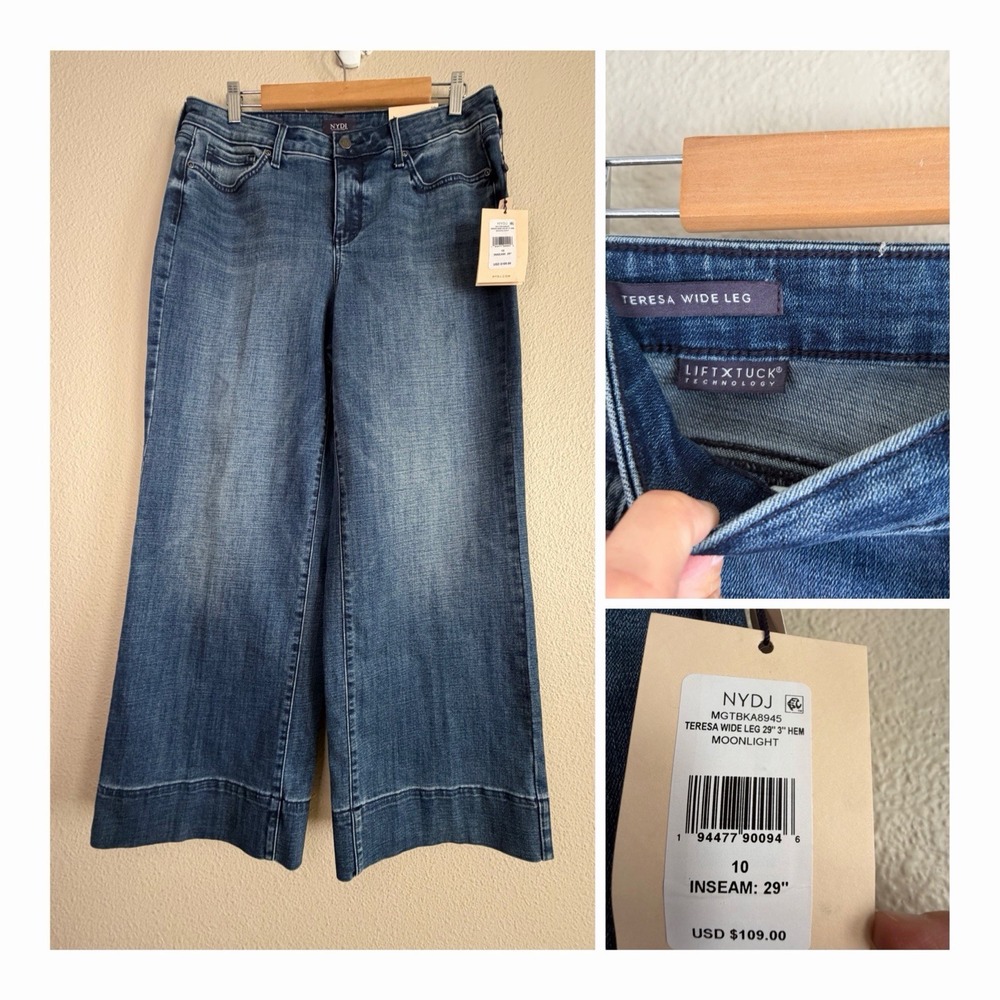 NYDJ Teresa Wide Leg Jeans 10 Moonlight Blue Denim 3" Hem Nordstrom NWT 33 X 29